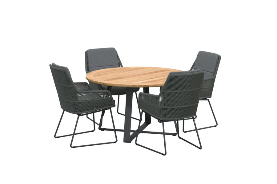 4 Seasons Outdoor Valencia Esszimmergarnitur platinum mit Basso Tisch teak Ø130 cm