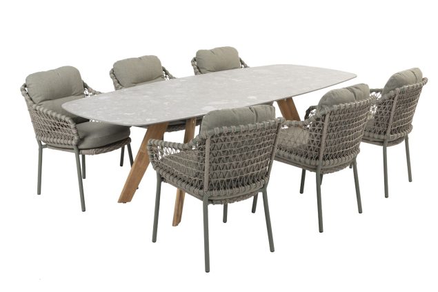 4 Seasons Outdoor Jura Esstischgruppe olivgrün mit Montana Tisch mit Keramik-Terrazzo-Platte 240 x 103 cm