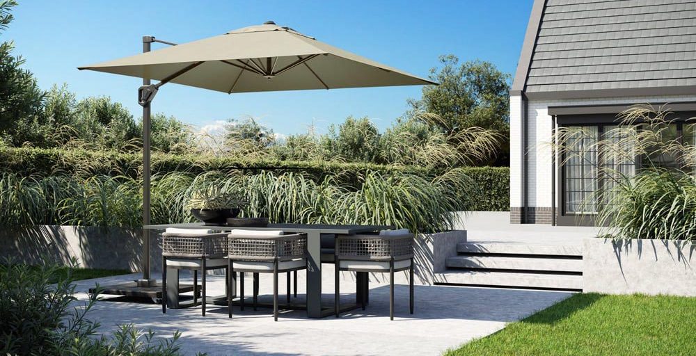 Platinum Challenger T1 schwimmender Sonnenschirm 250 x 250 cm taupe mit Granitsockel und Rollen