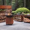 OFYR buitenkeuken Corten met houtopslag, mis en place tafels pro met insert en houtopslag en Corten Classic kookunit