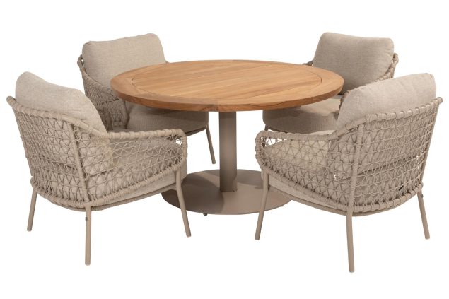 4 Seasons Outdoor Sardinia low dining Esstischgruppe latte mit Saba Tisch latte mit Teakholzplatte Ø 130 cm