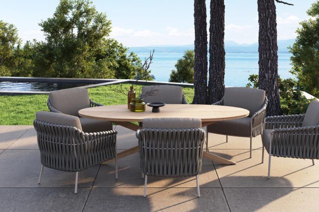 4 Seasons Outdoor Comino low dining set latte mit Prado Tisch ellips top 240 cm