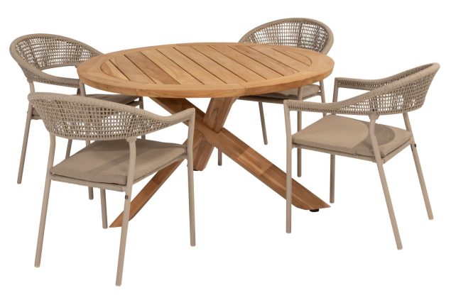 Taste by 4 Seasons Sienna Esstischset latte mit Teak Prado Tisch mit Platte Ø 130 cm