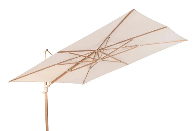 4 Seasons Outdoor Finca Sonnenschirm mit Gestell in Holzoptik und sandfarbenem Tuch 400 x 300 cm