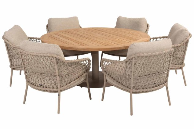 4 Seasons Outdoor Sardinia low dining Esstischgruppe latte mit Saba Tisch latte mit Teakholzplatte Ø 160 cm