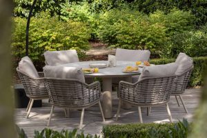 Taste by 4 Seasons Puglia Low Esstischset latte mit Donato Tisch mit bedruckter Keramikplatte Ø 160 cm