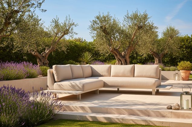 Flow. Emerald Plattform-Lounge Sofa Heather chalk mit Gestell in Ivory