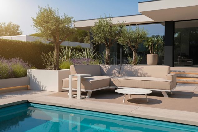 Flow. Quart chaise lounge sofa heather chalk mit weißem rahmen