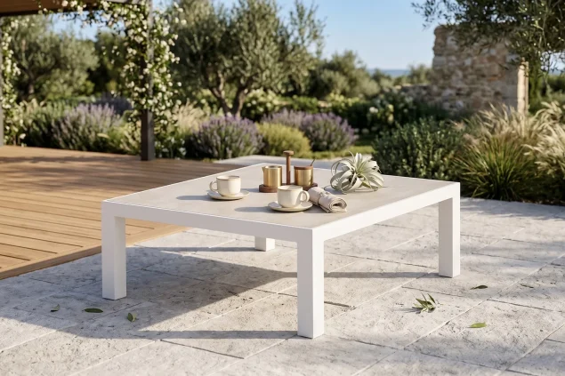 SUNS Malmo Couchtisch mattweiß mit Keramikplatte 90 x 90 cm