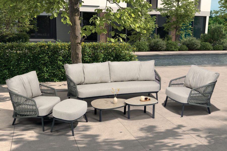 Taste by 4 Seasons Alicante Sofa-Set terre mit Ottomane und Monroe Lounge Tischgarnitur 65 x 32 und 80 x 27 cm