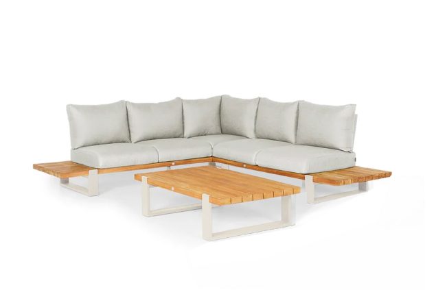 Suns Nardo Lounge-Set 5-Sitzer Natural mit Teakholz und kamelfarbenem Sandgestell