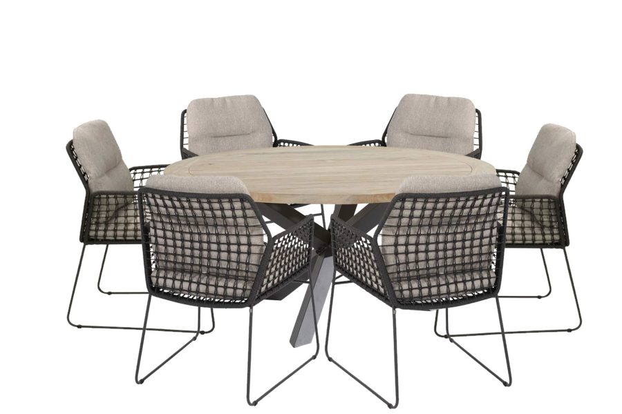 Taste by 4 Seasons Rhodos Gartenset anthrazit mit Louvre-Tisch mit Teakholzplatte Ø 160 cm