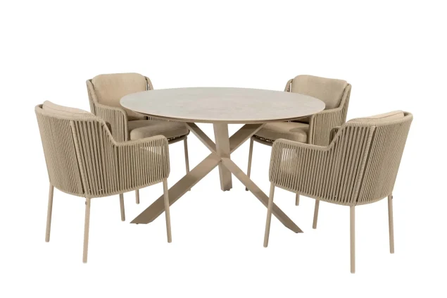 4 Seasons Outdoor Bernini Gartenmöbel-Set Latte mit Prado Tisch mit Prado Tisch mit Keramikplatte Ø 130 cm