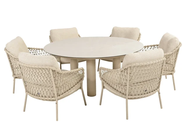 4 Seasons Outdoor Sardinia Low Dining Gartenmöbel-Set Latte mit Donato Tisch mit bedruckter Keramikplatte Ø 160 cm