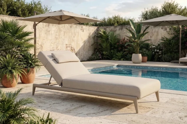 Flow Auvin Sonnenliege Tuscan Sand mit beigem Kissenbezug