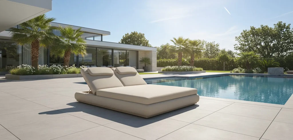 Flow Satori 2-Personen-Sonnenliege Tuscan Sand mit beigem Kissenbezug