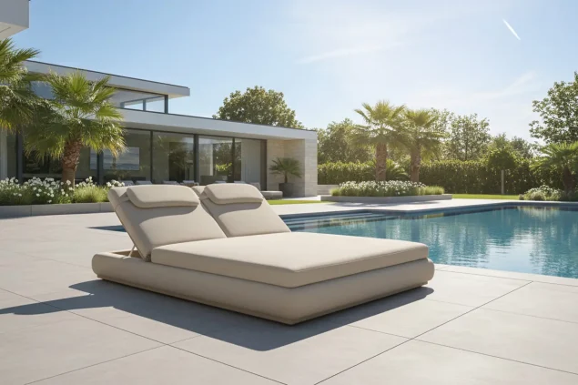 Flow Satori 2-Personen-Sonnenliege Tuscan Sand mit beigem Kissenbezug