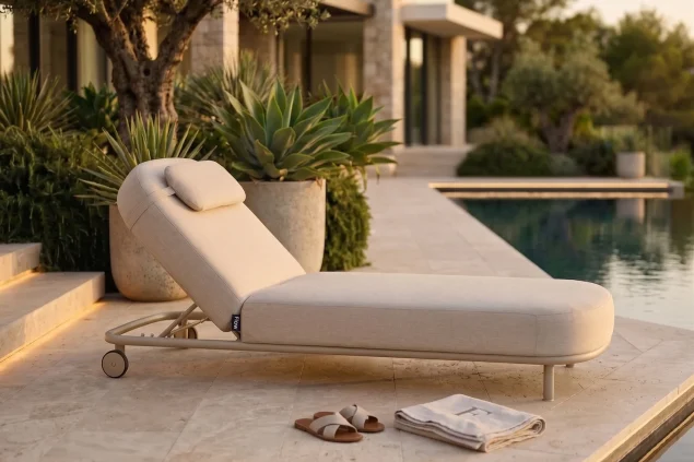 Flow Amori Sonnenliege Tuscan Sand mit beigem Kissenbezug