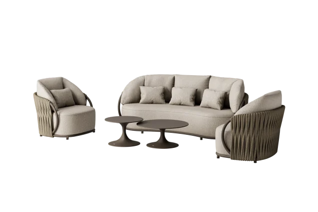 Suns Vivaro Sofa Set Bronze – Clouded rope – Pebble desert Bouclé mit Nova-Tischen