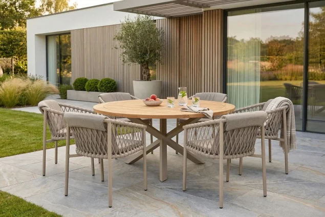 4 Seasons Outdoor Allora Gartenmöbel-Set Latte mit Prado Tisch - Teakholzplatte Ø 160 cm SALE