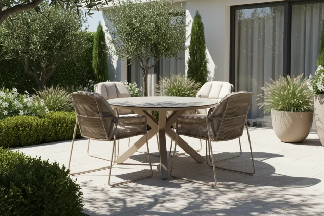 Tierra Outdoor Rivera 5-teiliges Gartenmöbel-Set in Champagner mit Orbital-Tisch Ø 120 cm