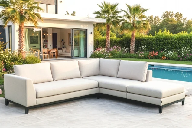 Flow. Square Chaise Sofa Graumel chalk rechts