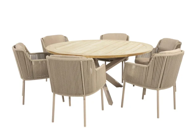 4 Seasons Outdoor Bernini Gartenmöbel-Set Latte mit Prado Tisch mit Prado Tisch Teakholzplatte Ø 160 cm