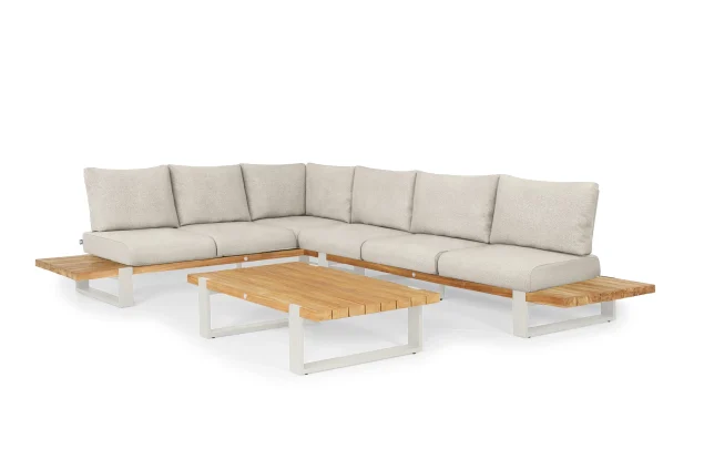 Suns Nardo Lounge-Set XL Camel Sand-Gestell mit Beachy Bouclé-Kissen und Teakholzplatten