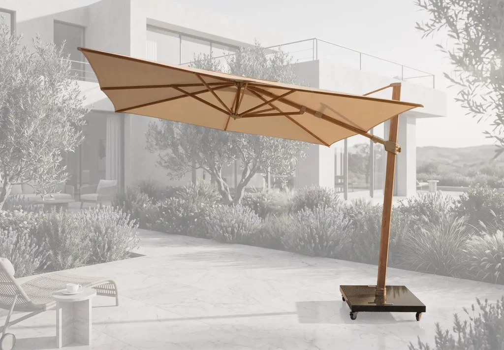 4 Seasons Outdoor Siesta PREMIUM Sonnenschirm 300 x 300 cm, sandfarben, Gestell in Holzoptik mit verblasstem Hintergrund