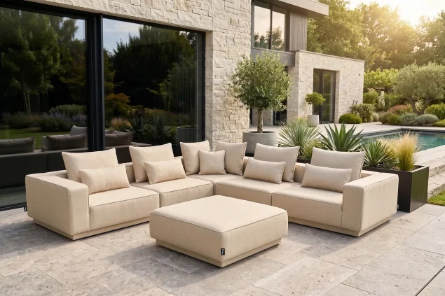 Flow Velora Eck-Loungesofa in Tuscan Sand mit beigen Kissen