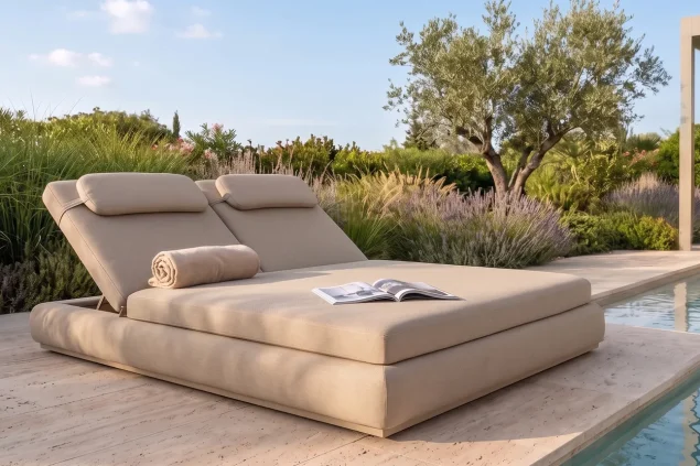 Flow Satori 2-Personen-Sonnenliege Tuscan Sand mit beigem Kissenbezug