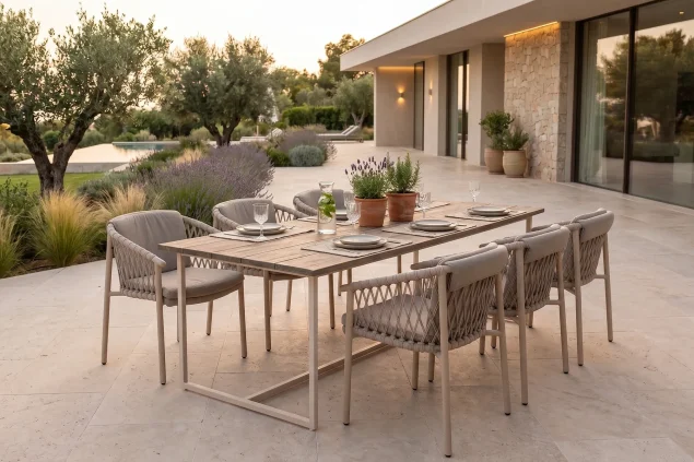 4 Seasons Outdoor Allora Gartenmöbel-Set Latte mit Quatro Tisch mit Robusto Teakholzplatte 220 x 95 cm * Sale *