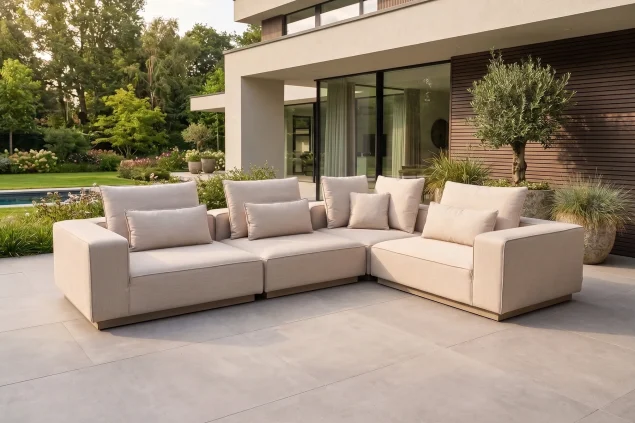 Flow Velora Ecksofa M in Tuscan Sand mit beigen Kissen
