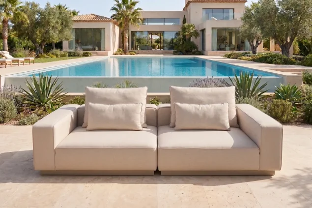 Flow Velora 2,5-Sitzer-Lounge-Sofa Tuscan Sand mit beigen Kissen