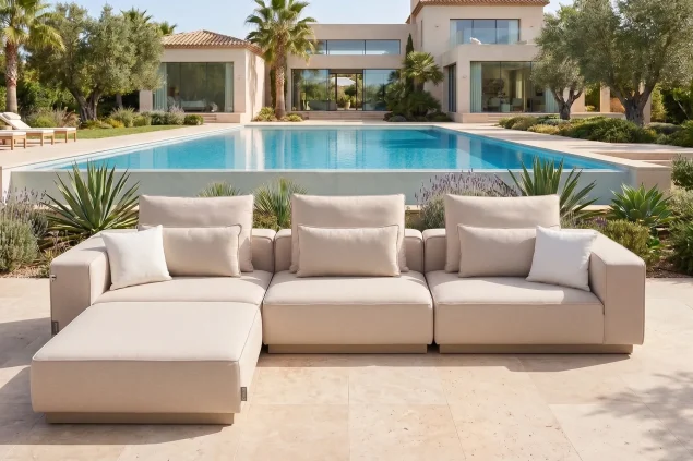 Flow Velora Loungebank mit Chaise Longue Tuscan Sand mit beigen Kissen