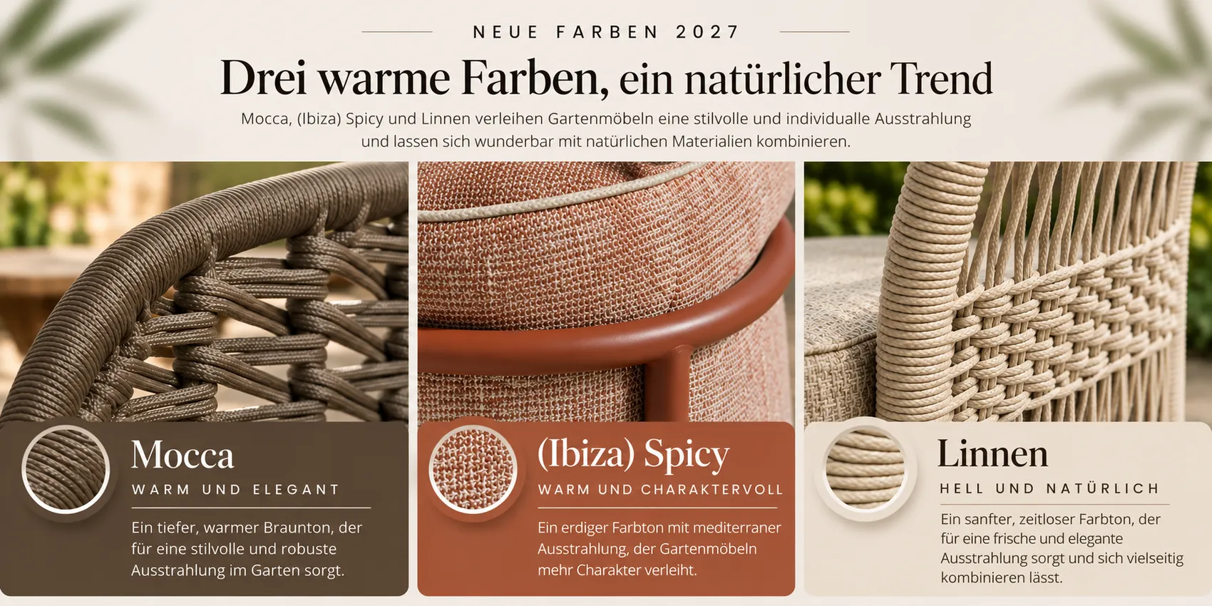2027 Farben von 4 Seasons Outdoor – Mocca Spicy und Linnen Gartenmöbeltrends 2027: warme Farben, natürliche Materialien und modulare Loungesets 2027 Farben von 4 Seasons Outdoor – Mocca Spicy und Linnen